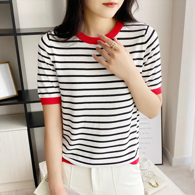 Short Sleeve T-shirts Women Striped Basic Chic Simple All-match Harajuku Retro Cotton O-neck Trendy Loose Leisure Cozy Womens - reetell