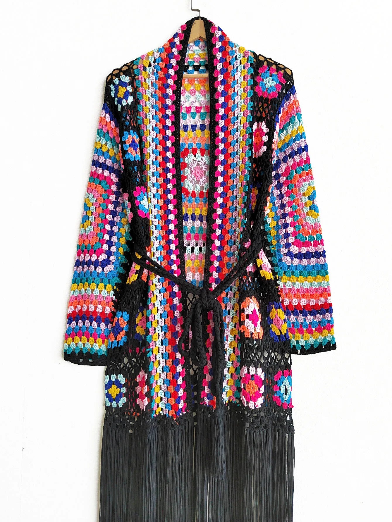 Women's Cardigans Crochet Knitted Maxi Fringe Coats Jacket Casual Sweater Ladies Tassel Open Stitch Hollow Out Long Cardigan - reetell