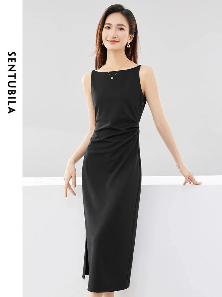 SENTUBILA Ruched Black Dress Women 2024 Spring Summer Party Slim Temperament Slash Neck Sleeveless Lady Midi Dresses Q33L52443 - reetell