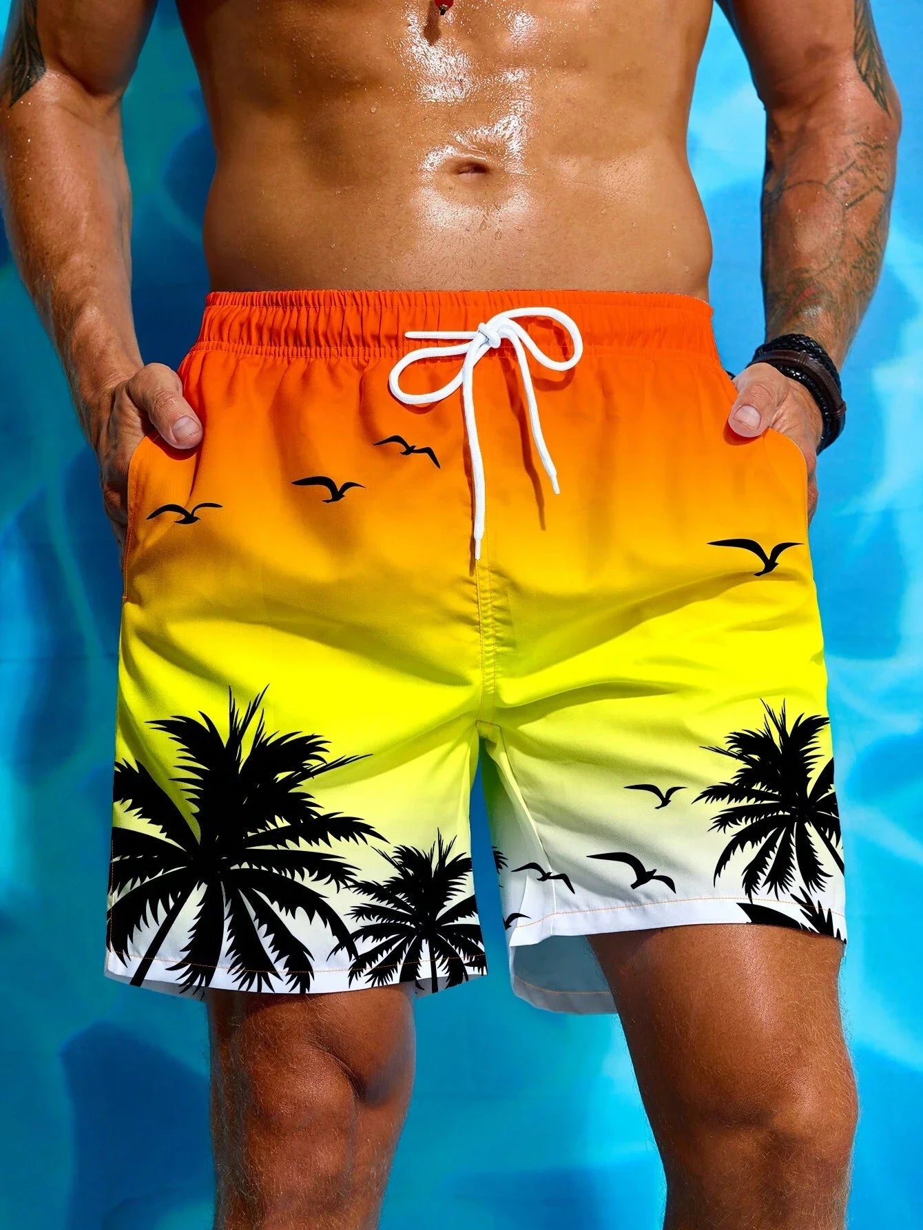 Summer Vacation Men's Palm Tree Print Drawstring Waist Board Shorts Fashion Swim Trunks 3D Print Breathable Short Streetwear - reetell