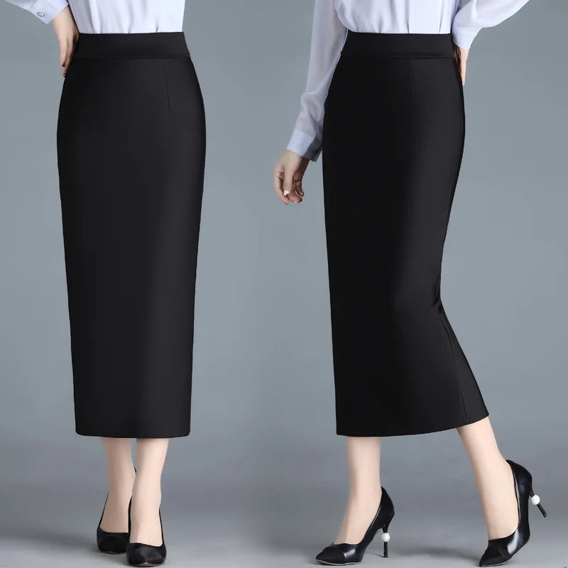 Stretch Pencil Skirts for Women, Office Lady, Formal Black Midi Skirts, Elegant Female Package Hip Skirts, Spring and Autumn - reetell