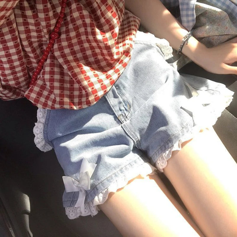 Kawaii Bow Denim Shorts Women Japanese Lace Patchwork Baggy Jean Shorts Summer Y2K Harajuku High Waist Wide Leg Short Pants New - reetell