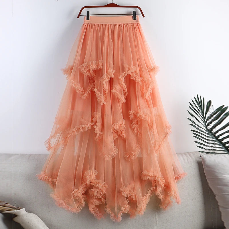 TIGENA Tutu Tulle Long Skirt for Women 2023 New Summer Korean Aesthetic Cute Irregular Mesh High Waist Maxi Skirt Female Purple - reetell