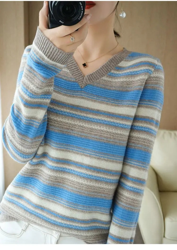 Autumn Winter Elegant Fashion Rainbow Knitting Tops Women All Match Casual Knitwear Long Sleeve Stripe Sweaters Thick Pullover - reetell