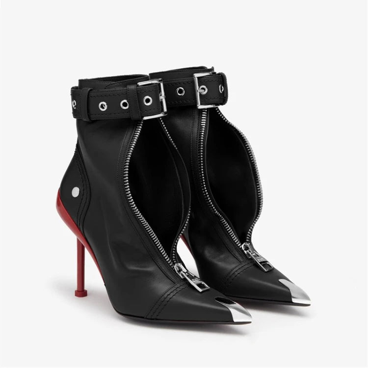 Belt Buckle Front Zipper Fashion Show Short Boots Women's Autumn Winter New Pointed Metal Decoration Red High Heels Ankle Boots