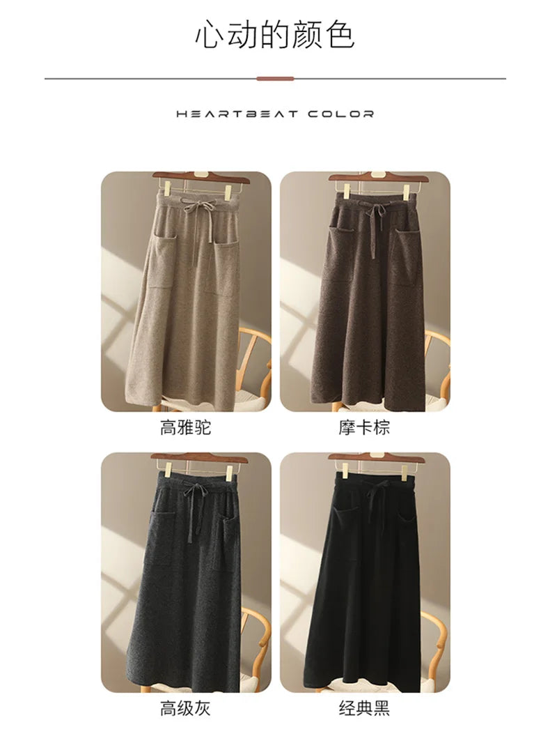 Autumn And Winter100% Pure Wool Skirt Women's Long Pocket Small A Skirt High Waist Slim Cashmere Knit A-Line Skirt - reetell