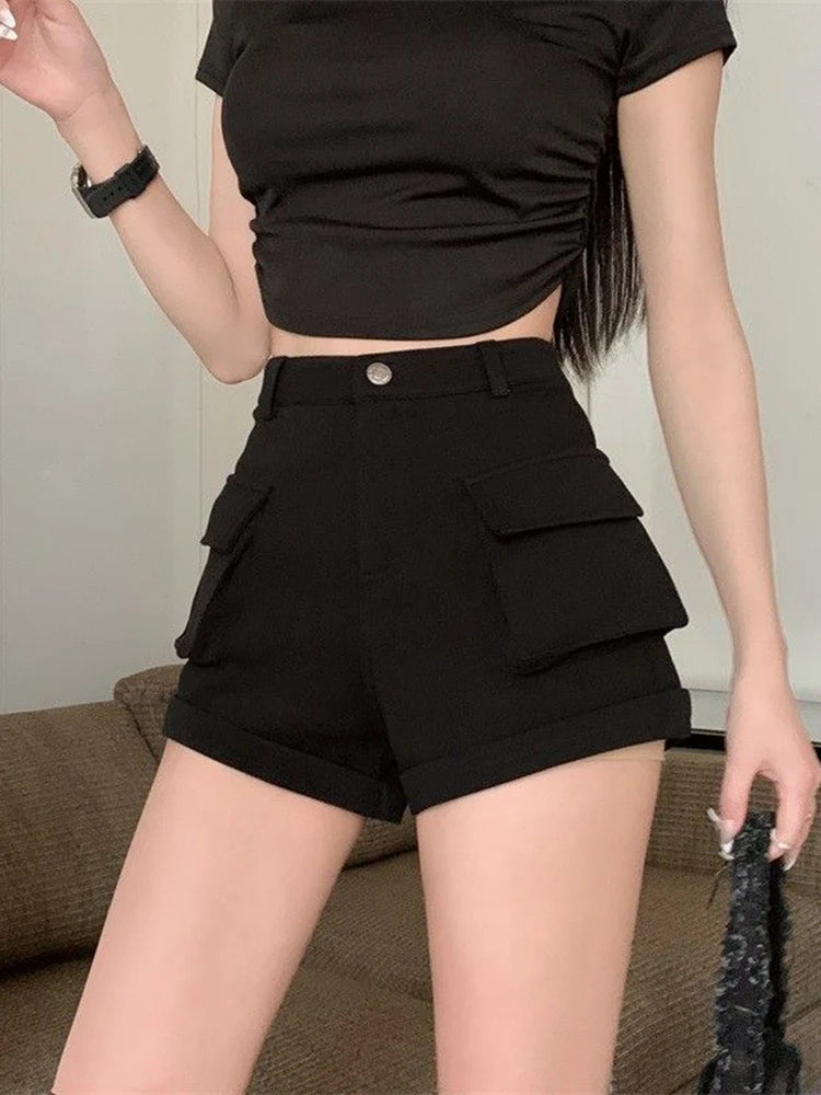 Zoki Korean Casual Cargo Shorts Women Pockets High Waist Streetwear Shorts Summer All Match Lady Simple Solid Slim Cargo Shorts - reetell