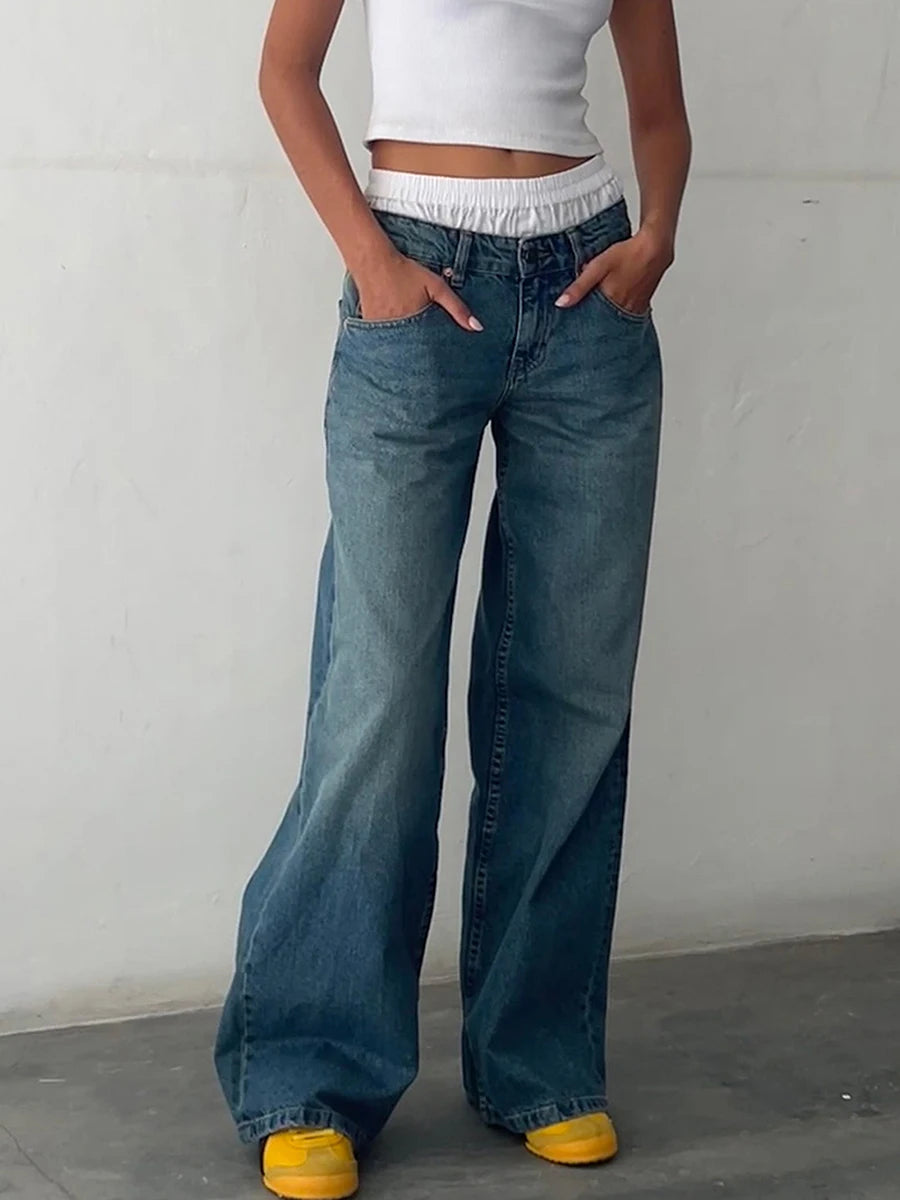 Y2k Vintage Low Rise Jeans for Women Jeans Wide Straight Leg Baggy Jeans Boyfriend Denim Pants with Pocket Streetwear - reetell