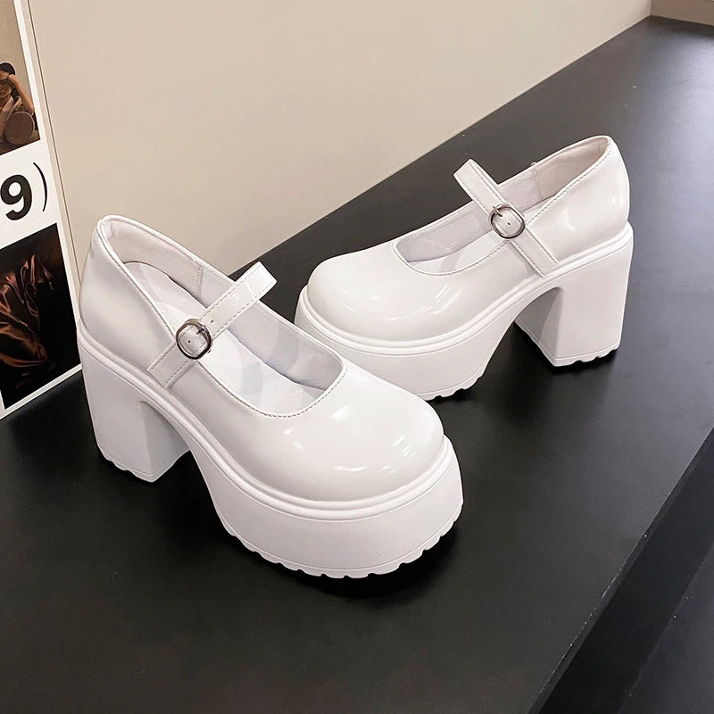 Fashion White Platform Pumps for Women Super High Heels Buckle Strap Mary Jane Shoes Woman Goth Thick Heeled Party Shoes Ladies