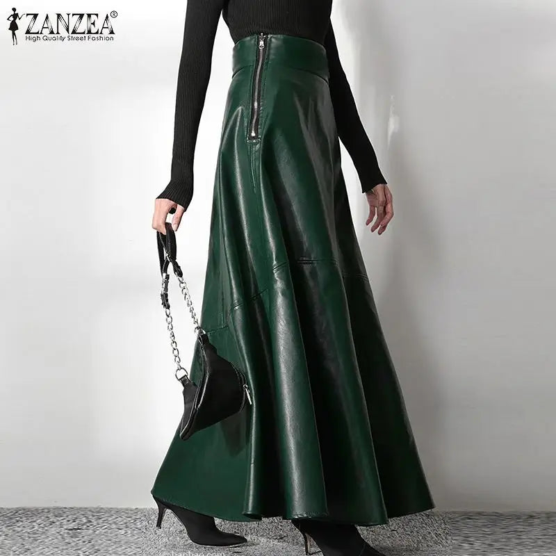 2023 Fashion Solid Mujer Faldas ZANZEA PU Leather Maxi Skirts Women's Elegant OL Long Saias Casual High Waist Zipper Jupe Femme - reetell