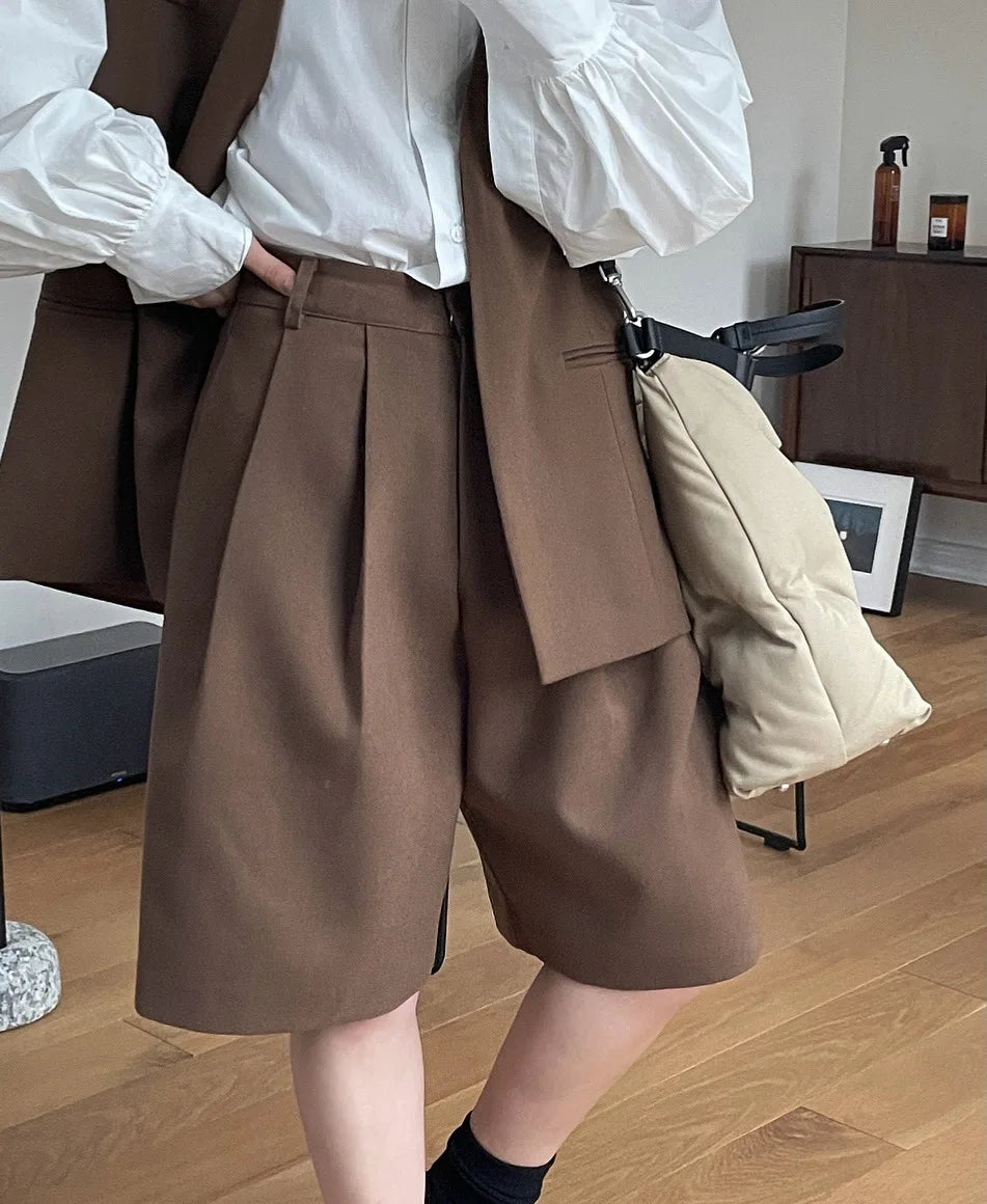 [LANMREM] Pleated Wool Shorts For Women High Waist Straight Office Lady Loose Clothing Korean Style 2024 Summer New 26D8692 - reetell