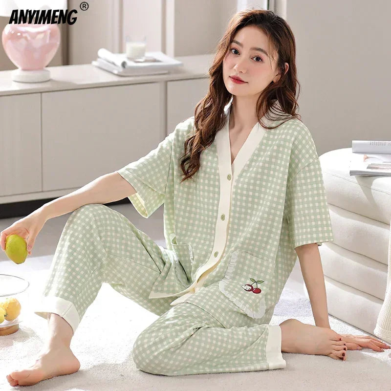 Women Clothing M-5XL Summer Cotton Panda Pajama Casual Short Sleeve Kimono Cardigan Sleepwear Cartoon Nightwear Woman Loungewear