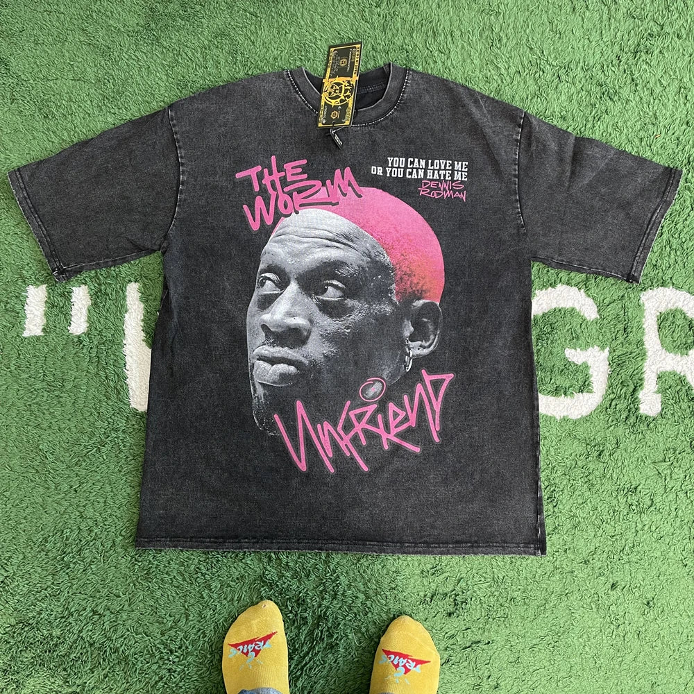 Frog drift Fashion Vintage Loose Basketball Graphic Retro Washing Summer The Worm Dennis Rodman Oversized Tee t-shirt tops men - reetell