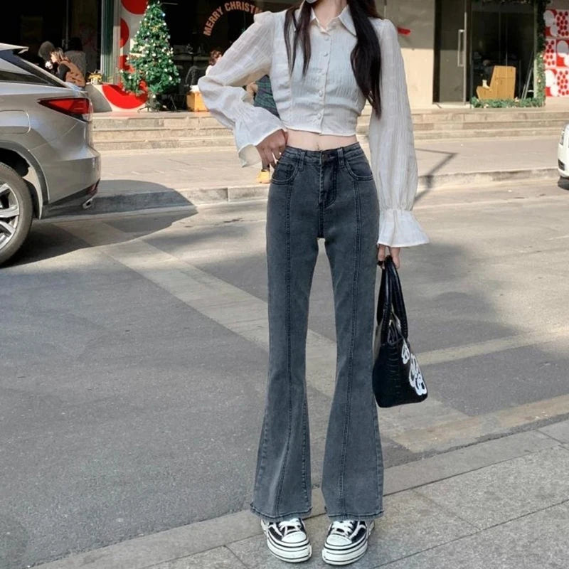 Vintage High Waist Flare Jeans High Street Women Boot Cut Denim Pant Slim Loose Korean Casual Button Up Zippers Gray Trousers - reetell