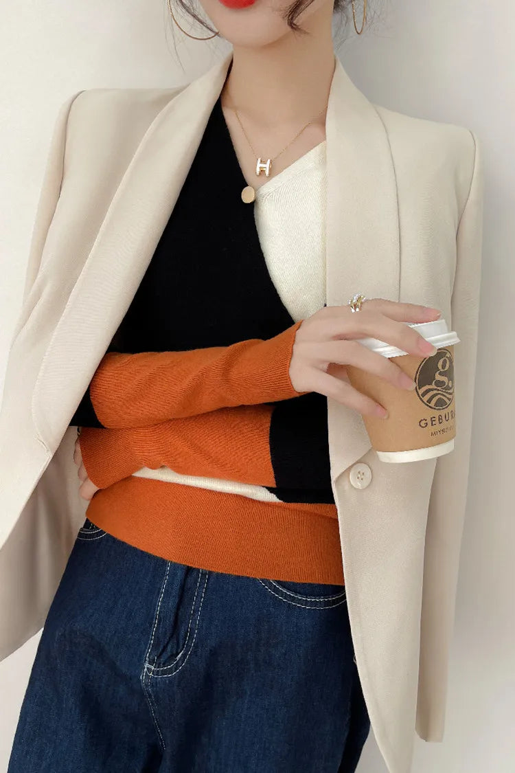 Women's Cashmere Sweater Spring Colorblock Sweater Women Casual Pullover Ladies Knitwear Fashion Sweater Female Thin Inner Top - reetell