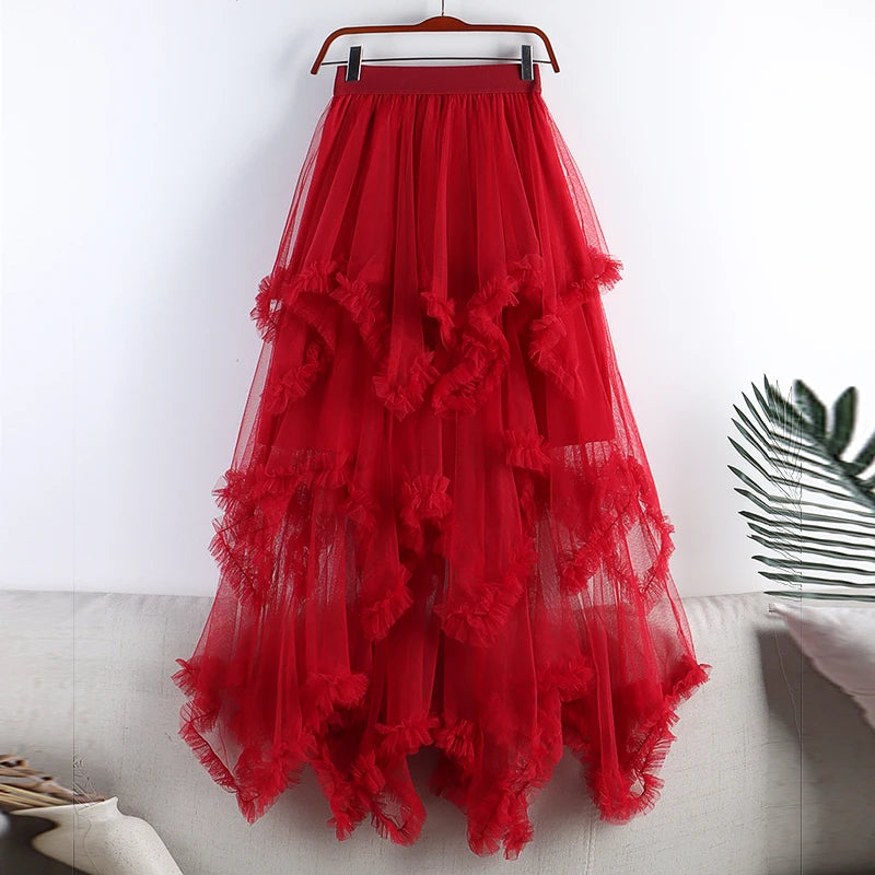 TIGENA Tutu Tulle Long Skirt for Women 2023 New Summer Korean Aesthetic Cute Irregular Mesh High Waist Maxi Skirt Female Purple - reetell