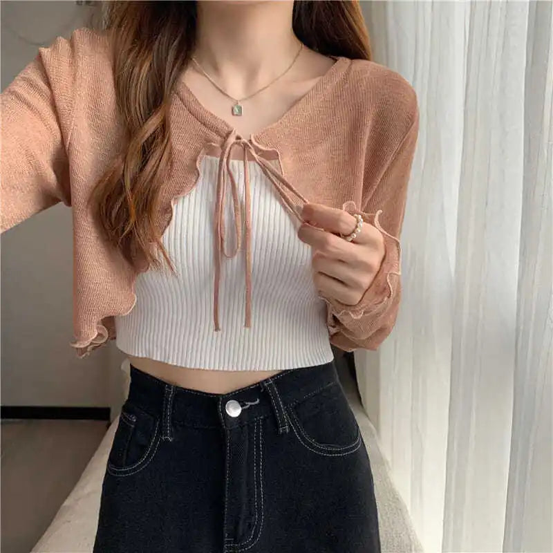 Summer Thin Outerwear Sun Protection Cardigan Ice Silk Knit Women Tops Bow Lace Up Short Suspender Skirt Shawl Airable Shirt - reetell