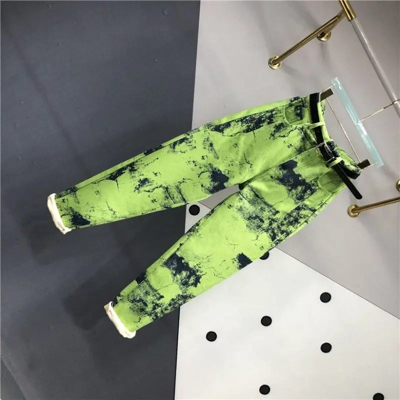 European Goods Heavy Industry Fashion Tie Dye Green Jeans Women's New Spring Summer High Waisted Loose Fit Slimming Harun Jeans - reetell