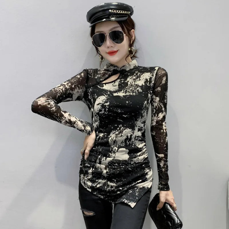 #8140 Tie Dyed Printed T Shirt Women Chinese Style Vintage Asymmetrical T Shirt Female Long Sleeved Stand Collar T-shirt Femme - reetell