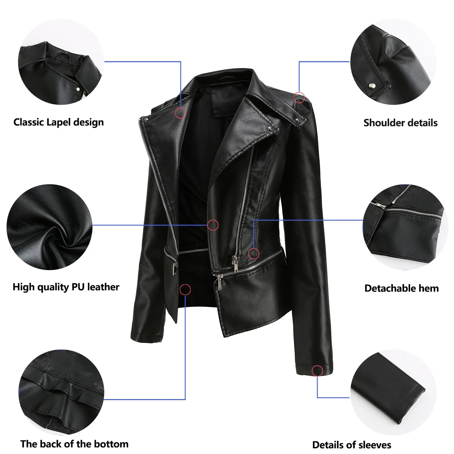 2024 Spring Autumn Women's Leather Jacket Female Detachable Hem Lapel Zipper Casual Coats Women's Locomotive Windbreaker