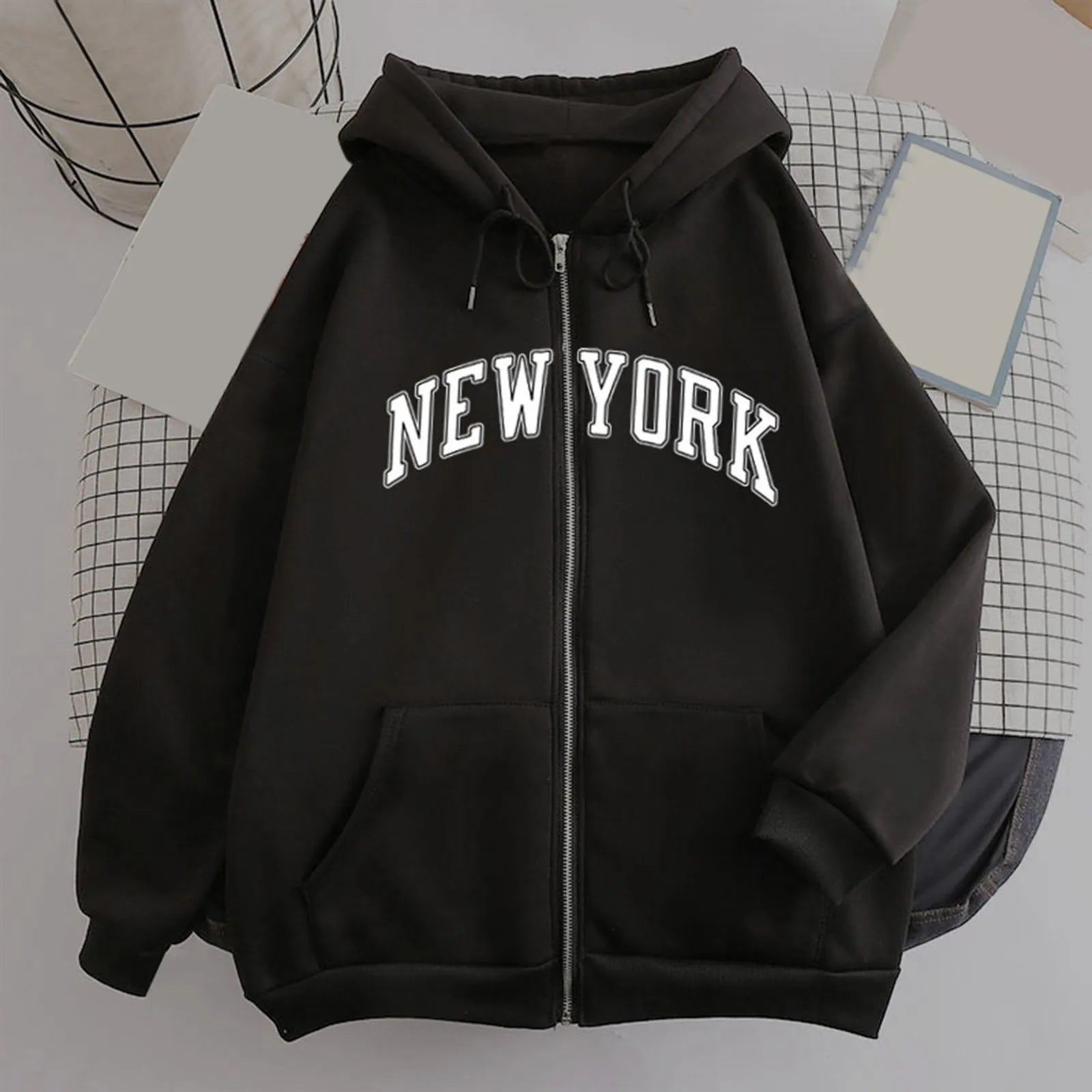 NEW YORK Letter Print Zip up Harajuku Hoodies Jacket Women Casual Oversized Sweatshirt Female Streetwear Pockets Hooded Coats - reetell