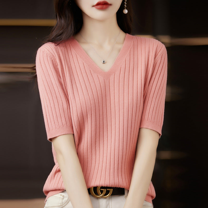 Women Sweater Short Sleeve V-neck Stripe Knitwears Slim Fit Shirt Korean Fashion Pullovers Thin Knit Tops 2024 Bottoming Shirts - reetell