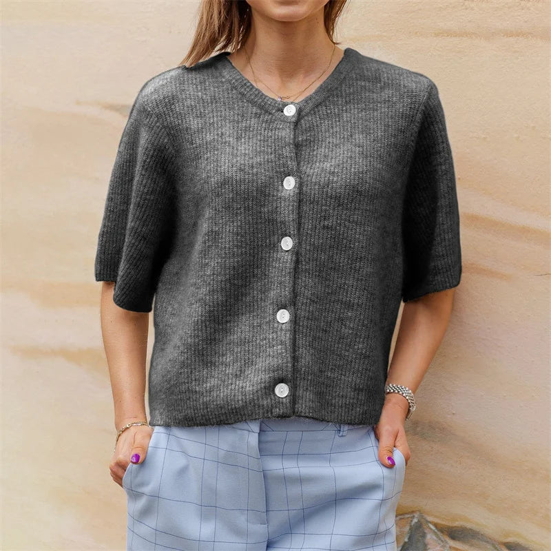 Lamuusaa y2k Sweaters 2000s Clothes Solid Color Round Neck Single Breasted Short Sleeve Cardigan Tops for Women Streetwear - reetell