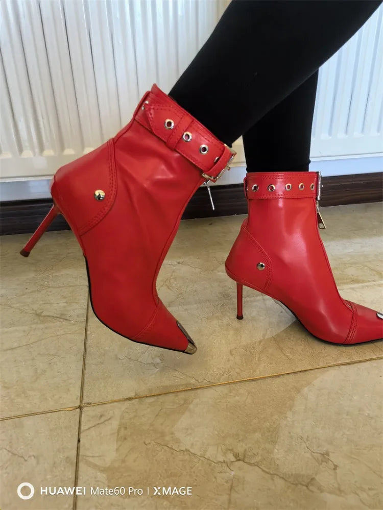 Belt Buckle Front Zipper Fashion Show Short Boots Women's Autumn Winter New Pointed Metal Decoration Red High Heels Ankle Boots