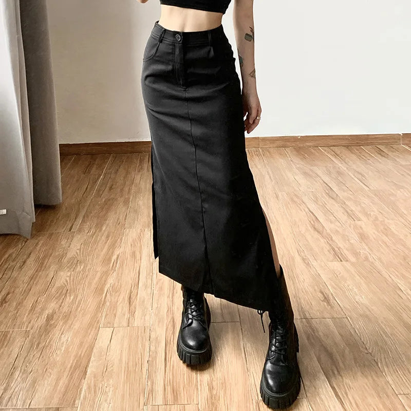 Women Midi Skirts Goth Dark Grunge Casual Tag Split Mall Gothic Punk High Raise Slim Long Skirt Y2k Sexy Fashion Streetwear - reetell