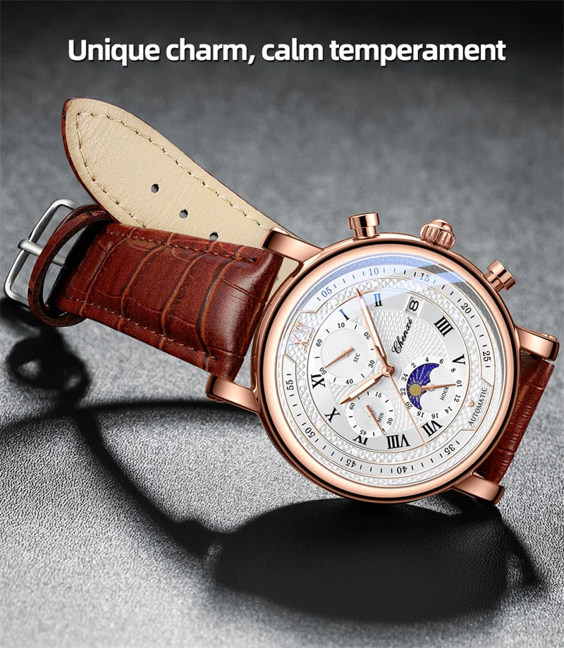 Chenxi 976 Leather Chronograph Date Men's Phase Of The Moon Timing Business Luminous Quartz Watch Relojes para hombres