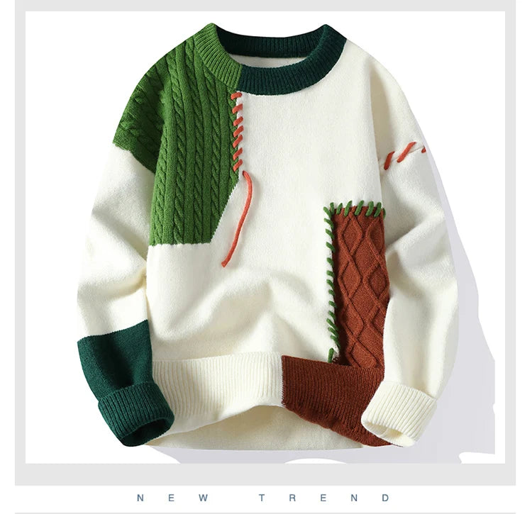 2024 Autumn Winter Warm Sweaters Patchwork Pullovers Korean Style Round Neck Knitted Sweater Men Women Fashion Knitwear - reetell