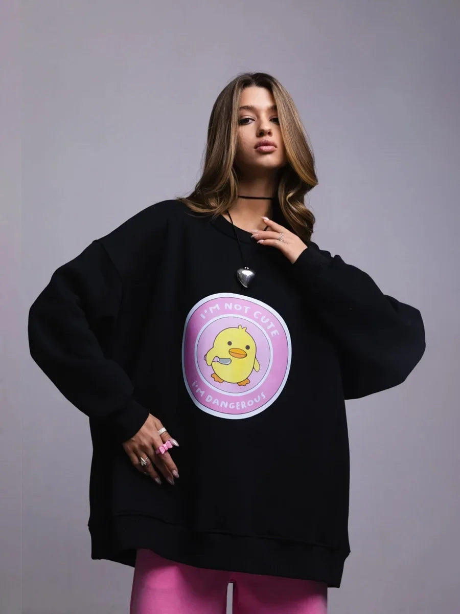 Bornladies Women's Loose Round Neck Sweatshirt Oversized Chic Printing Hoodies Casual Autumn Winter Warm Female Trendy PulloverT - reetell