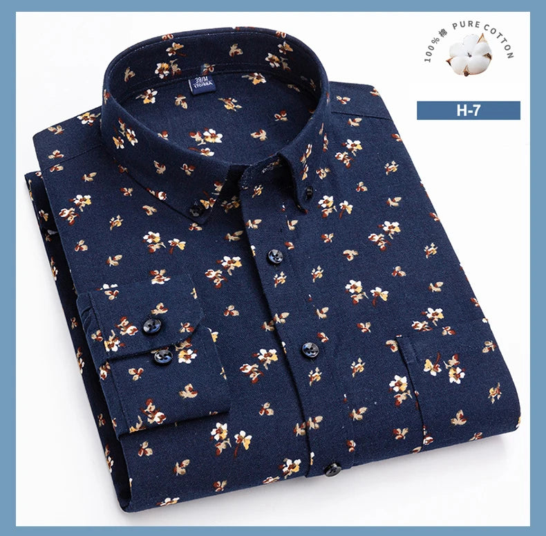 Men’s 100% Cotton Long Sleeve Shirts Vintage Floral Print Breathable Office Dress Shirt Casual Fashion Standard Workwear Shirts - reetell