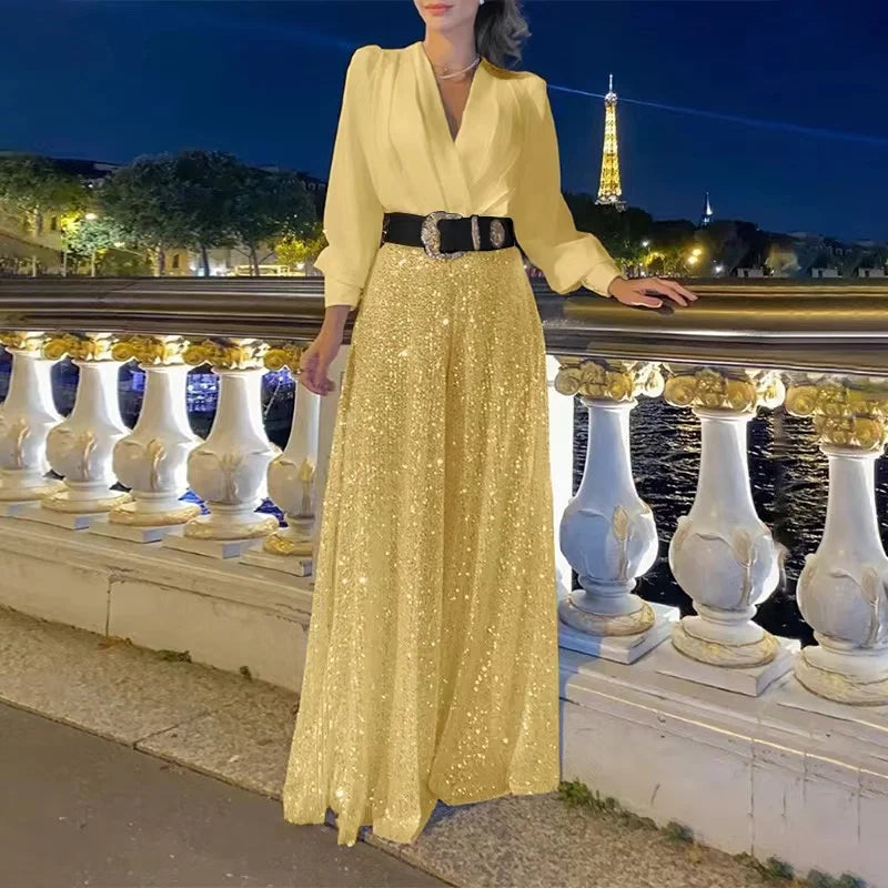 2024 Autumn Evening Party Jumpsuit Women Long Sleeve Solid Sequin V-Neck High Waist Fashion Leg Pants Elegant Chic Spring Shirt