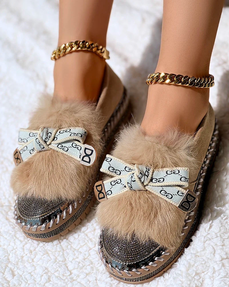 Women Fashion Solid Color Shoes Flat Warm Rhinestone Bowknot Design Platform Fuzzy Slip-On Loafers