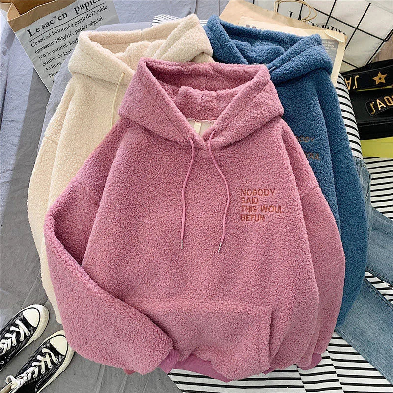 Fleece Hooded Sweatshirt Women Padded Thickened Warm Long Sleeve Pullover Preppy Style Casual Letters Winter Female Coat - reetell