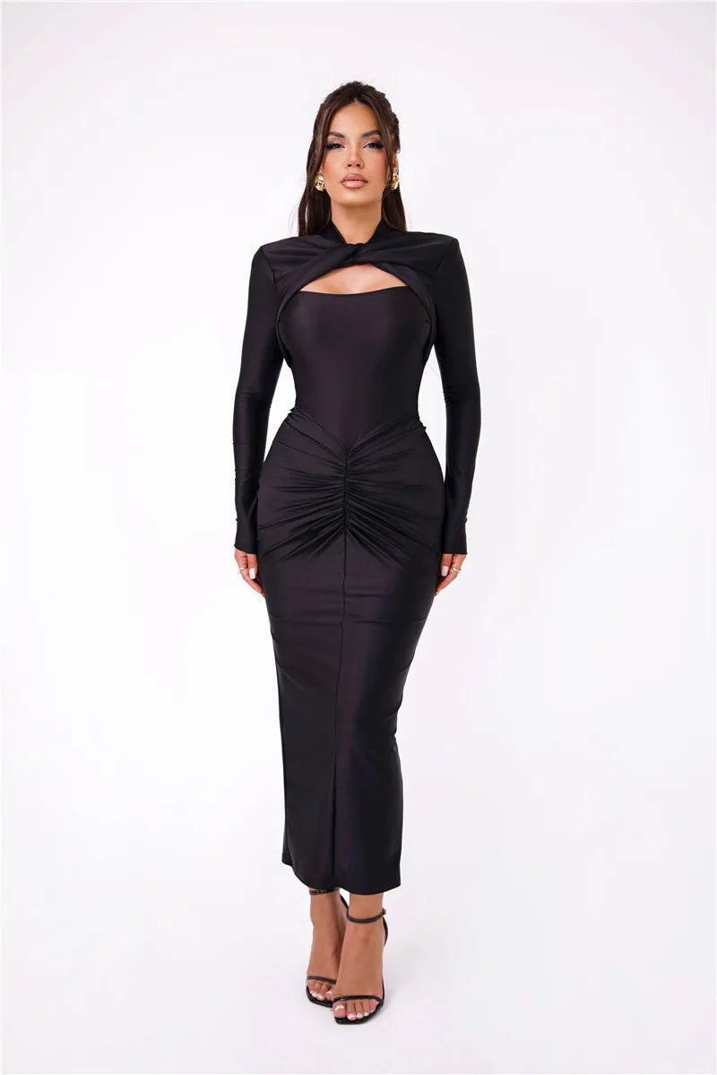 Mozision Hollow Out Long Sleeve Sexy Maxi Dress For Women Gown Autumn Winter New Metal Buckle Ruched Slit Long Dress Elegant - reetell