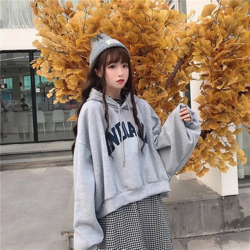 Autumn Thick Women Hoodies Fashion Loose Fake Two Piece Letter Printing Tops Harajuku Warm Preppy All Match Crop Sweatshirts - reetell