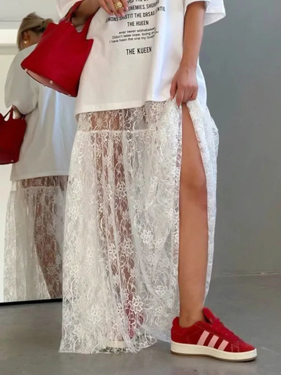 Lace Jacquard Transperant Skirt Women Summer New High Waist Sexy Casual Long Skirts 2024 Streetwear Fashion White Maxi Skirt - reetell