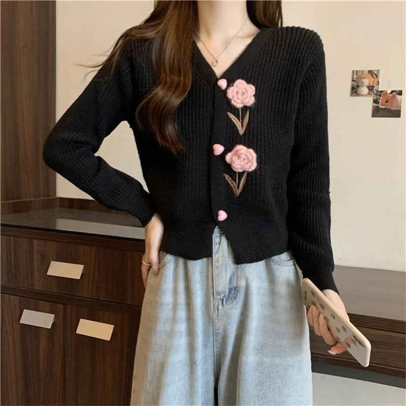 Heavy Industry Beautiful Flowers Knitted Cardigan Sweater Women Slim In Autumn And Winter With Small Cardigan V-neck Short Coat - reetell