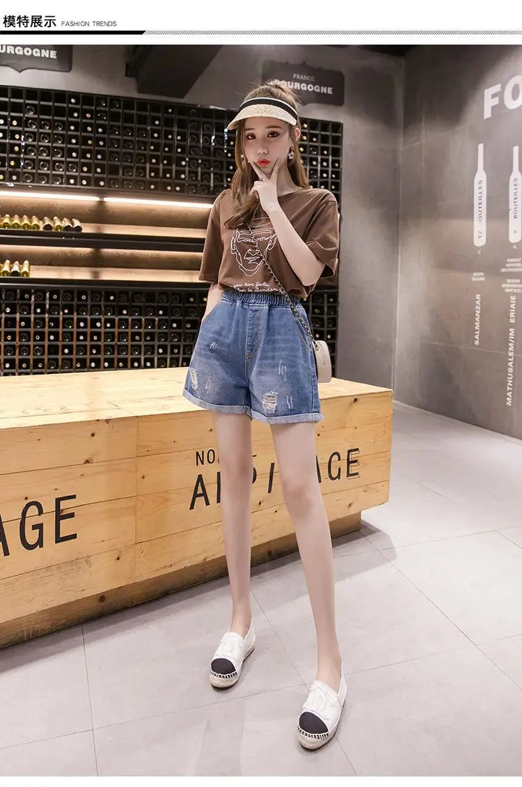 Large Size Broken Hole Cowboy Shorts Women Thin Section Wide Loose Tight High Waist Skinny A Word Wide Leg Fattening Hollowing - reetell