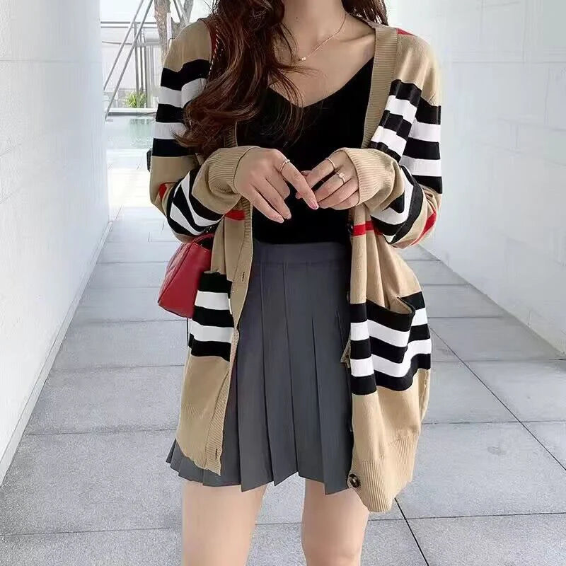 Women Striped Knitted Cardigan Fall Winter Loose Korean Sweater Casual Fashion Office Lady V Neck Single Breasted Design Top - reetell