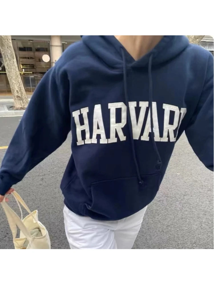 Casual Women Cotton Navy HARVARD Embroidered Hoodies 2023 Fall Vintage Long Sleeves Sweatshirts Female Loose Pullovers - reetell