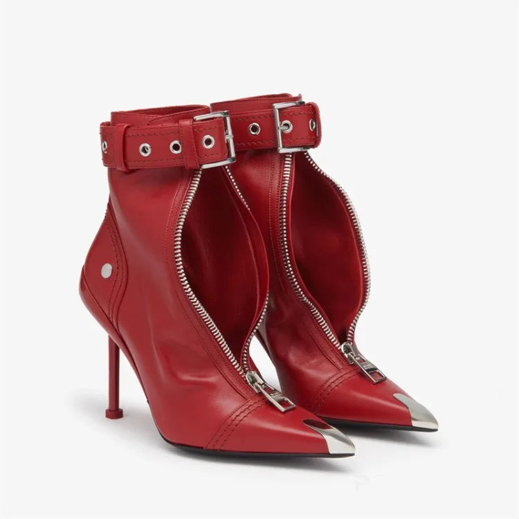 Belt Buckle Front Zipper Fashion Show Short Boots Women's Autumn Winter New Pointed Metal Decoration Red High Heels Ankle Boots