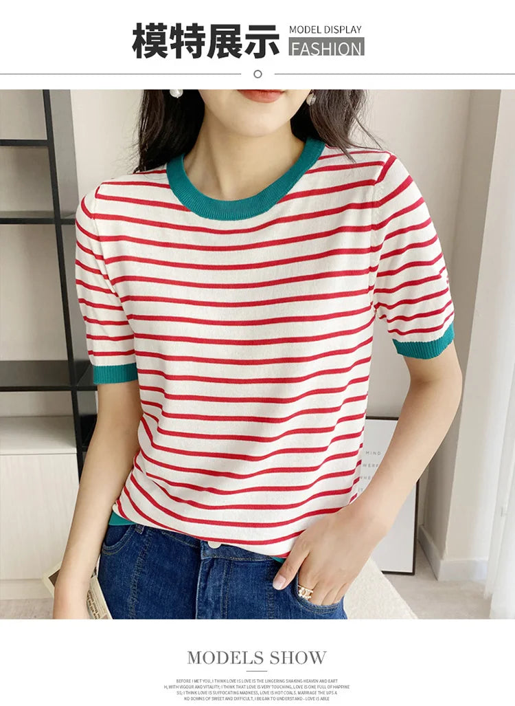 Short Sleeve T-shirts Women Striped Basic Chic Simple All-match Harajuku Retro Cotton O-neck Trendy Loose Leisure Cozy Womens - reetell