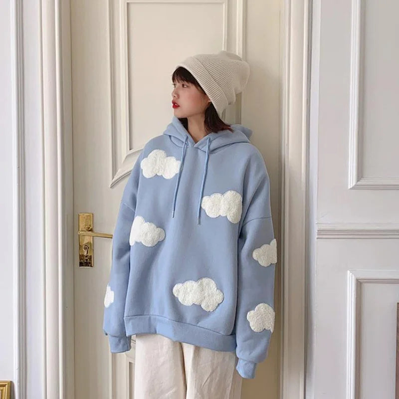 Autumn Winter Women Blue white cloud Hoodie Thick Warm Female Fleece Hoodies Oversize Sweatshirt Top Ladies  Hooded Top coat - reetell