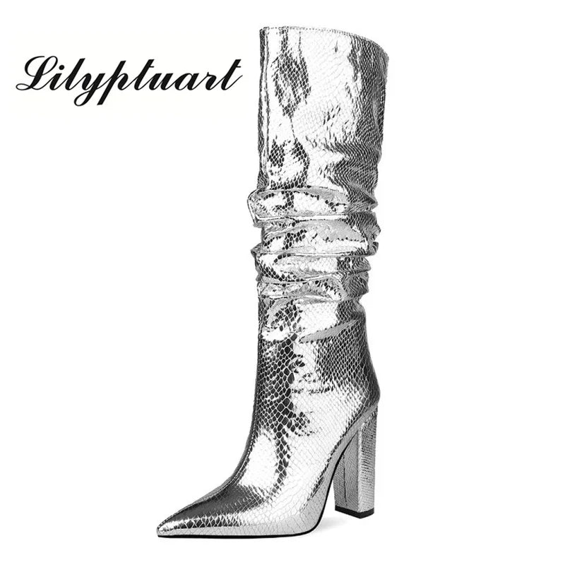 European and American Style Thick Heel Fold High Boots Side Zipper Women's Boots Silver Boots Large Size Women's Shoes Winter