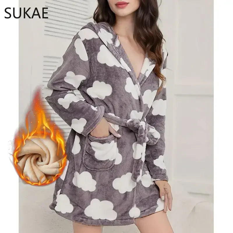 SUKAE Winter Women Sleepwear Fluffy Soft Flannel Bathrobe for Woman Polka Dots Thermal Robes for Lady Clouds Grey Robe for Girl - reetell