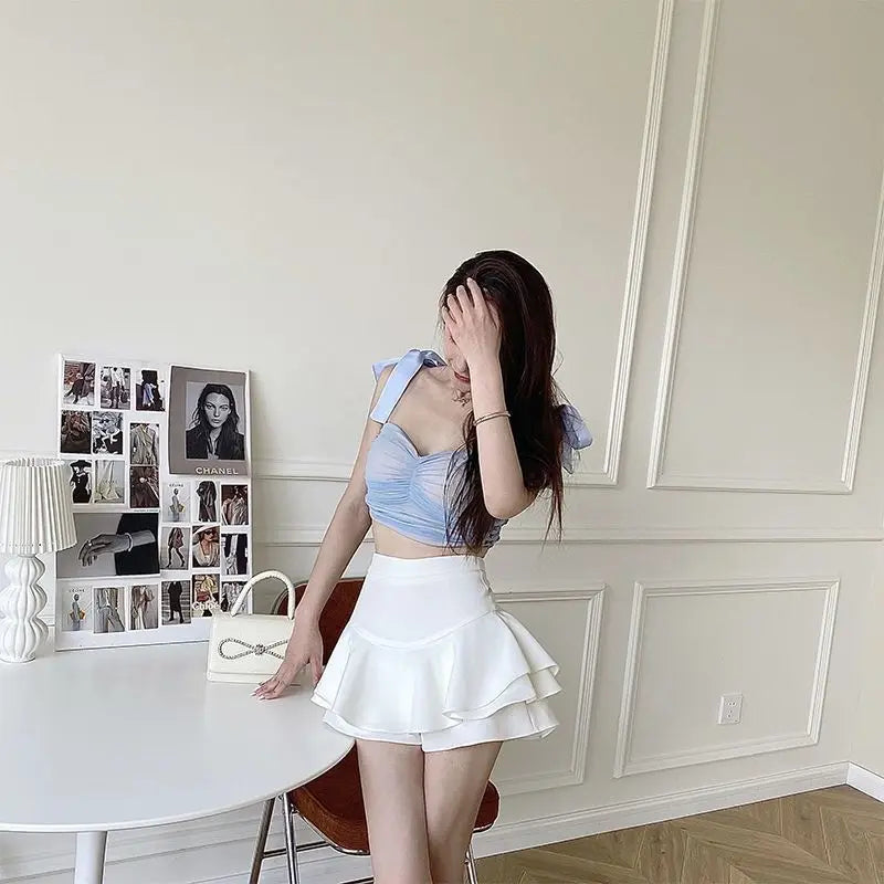 Ball Gown Skirt Women Summer Fashion Elegant Asymmetrical Ruffles Solid Mini Skirt Korean High Waist Sexy All Match A Line Skirt - reetell