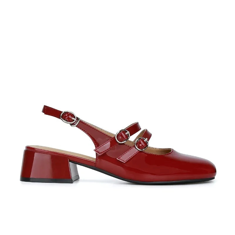 Classic Red Mary Jeans Woman Patent Leather Med-High Heels Sandals Two Buckle Belt Strap Shoes Femme Slingback Lolita Footwear - reetell